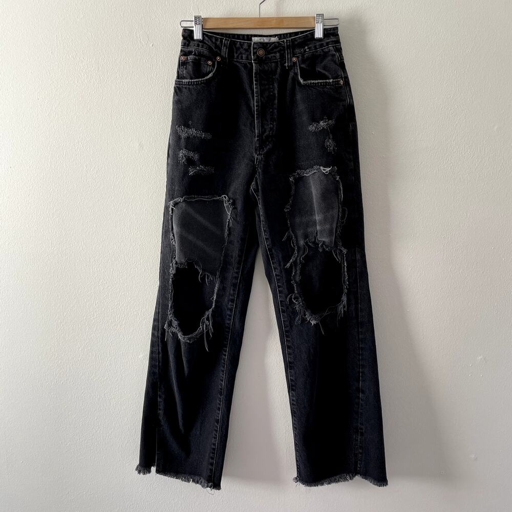 Free People Jeans Womens 27 Black Distressed Raw Hem High Rise Straight Leg